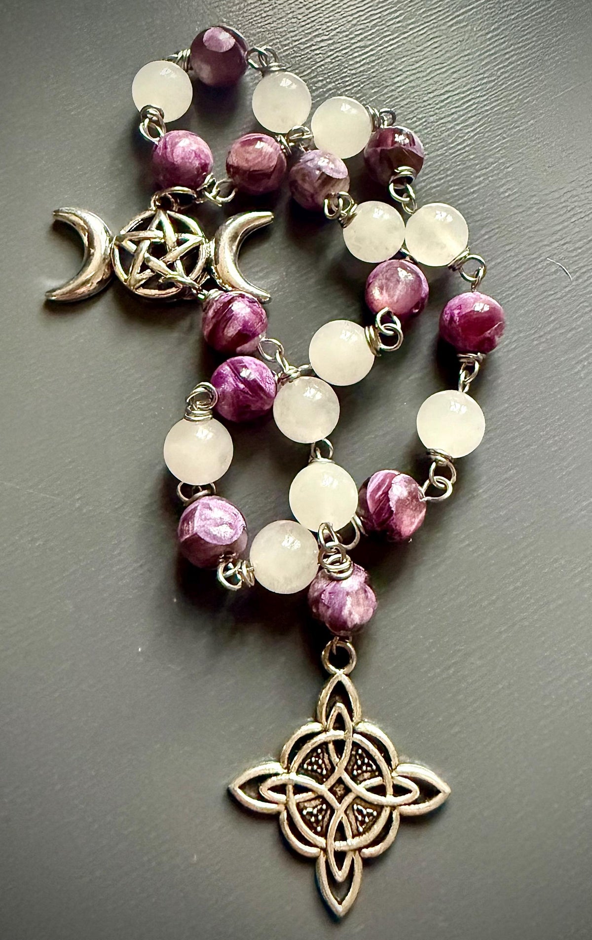 Witch’s Rosary with Golden Lepidolite and Selenite Gemstones.