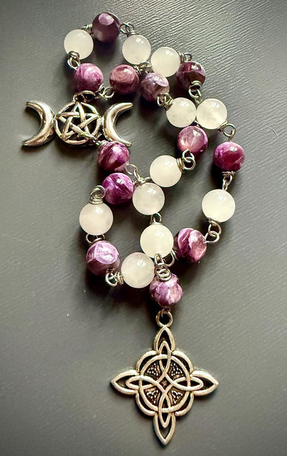 Witch’s Rosary with Golden Lepidolite and Selenite Gemstones.