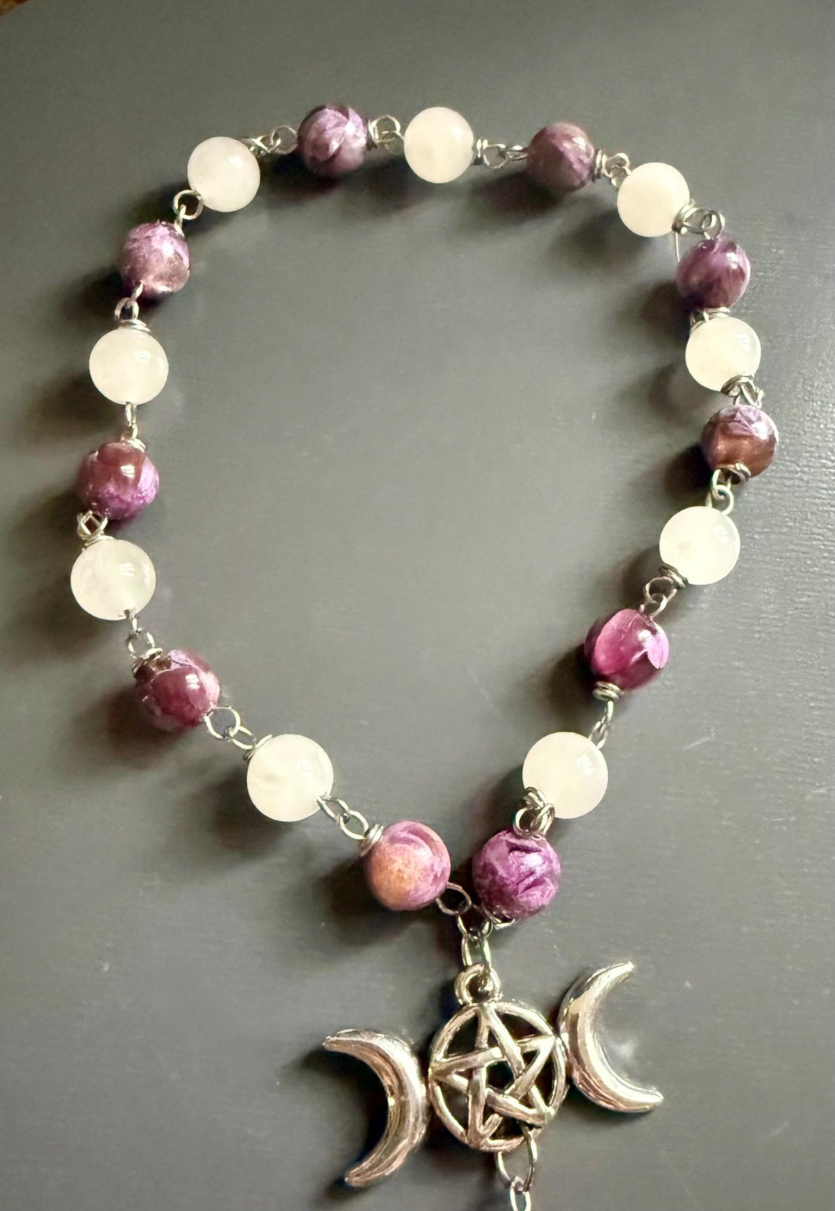 Witch’s Rosary with Golden Lepidolite and Selenite Gemstones.