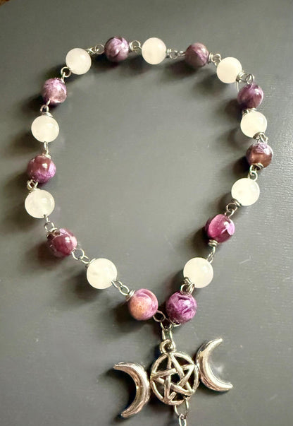 Witch’s Rosary with Golden Lepidolite and Selenite Gemstones.