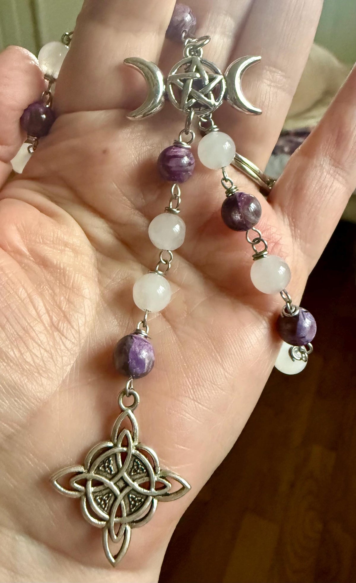 Witch’s Rosary with Golden Lepidolite and Selenite Gemstones.