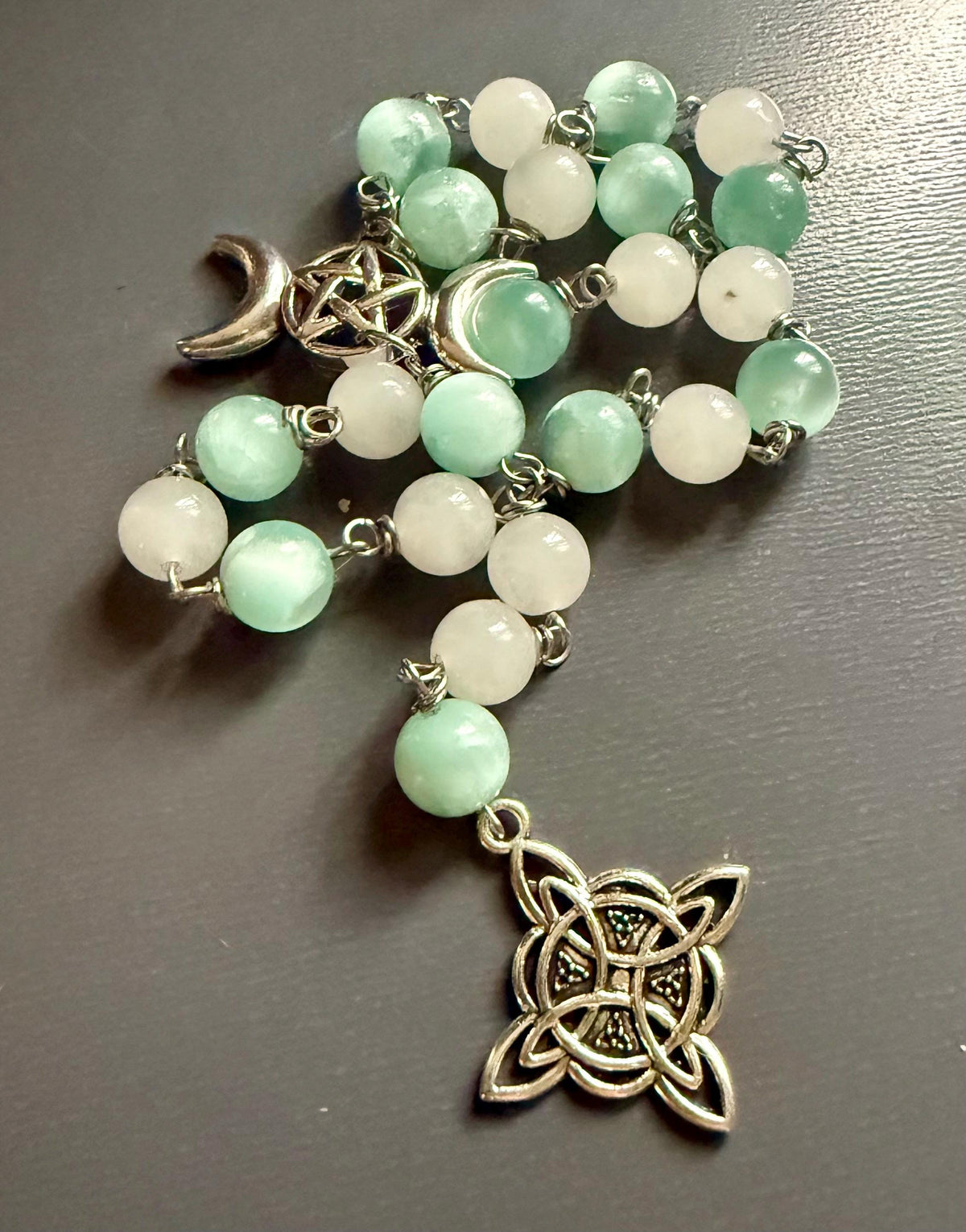 Witch’s Rosary with Angelite and Selenite Gemstones.