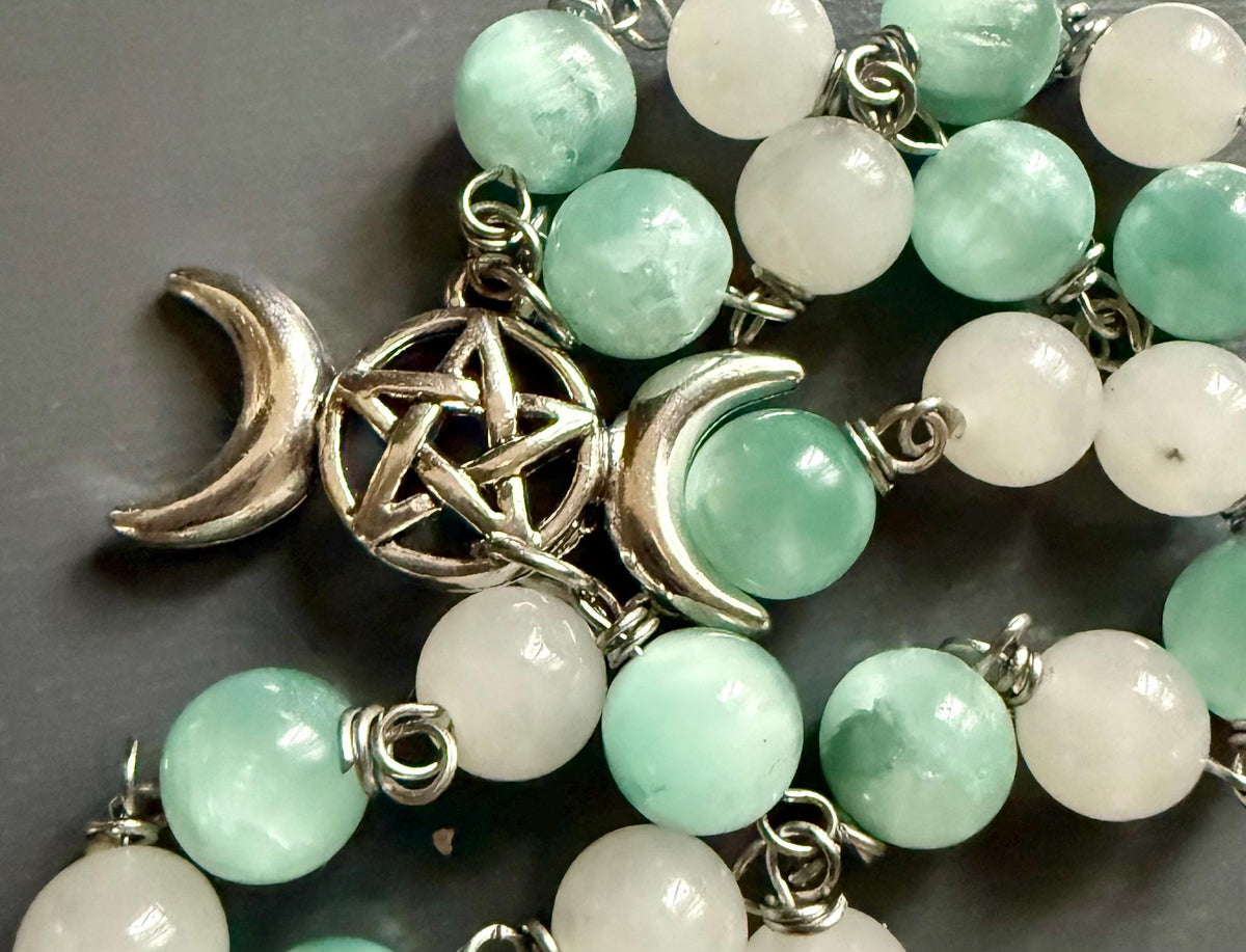 Witch’s Rosary with Angelite and Selenite Gemstones.