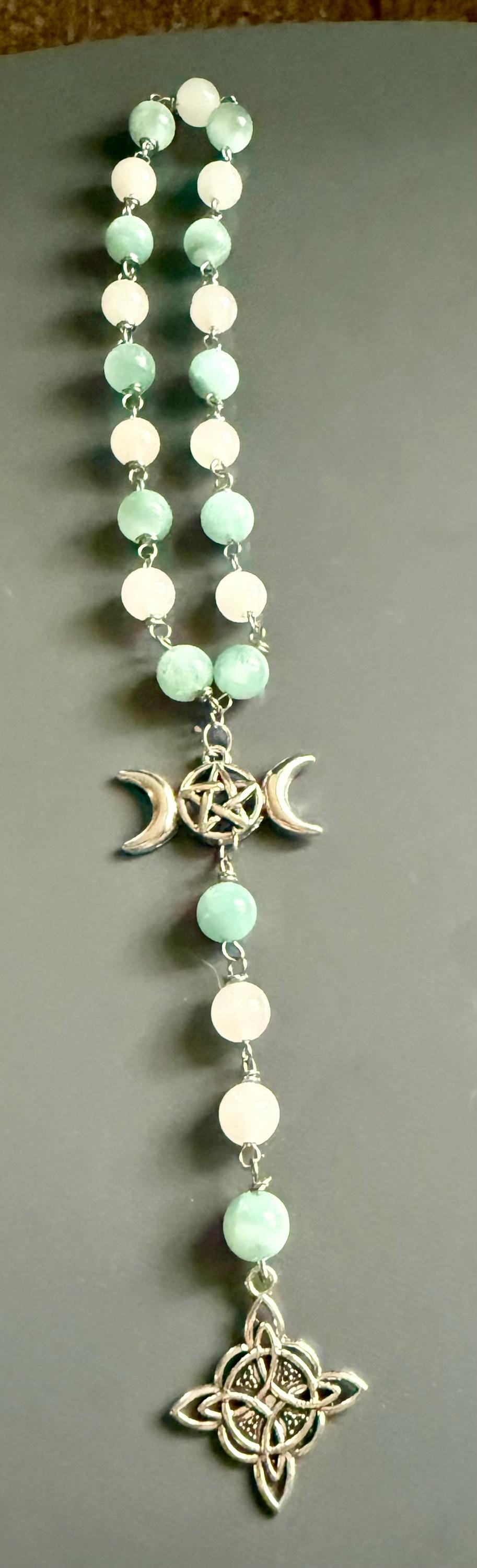 Witch’s Rosary with Angelite and Selenite Gemstones.