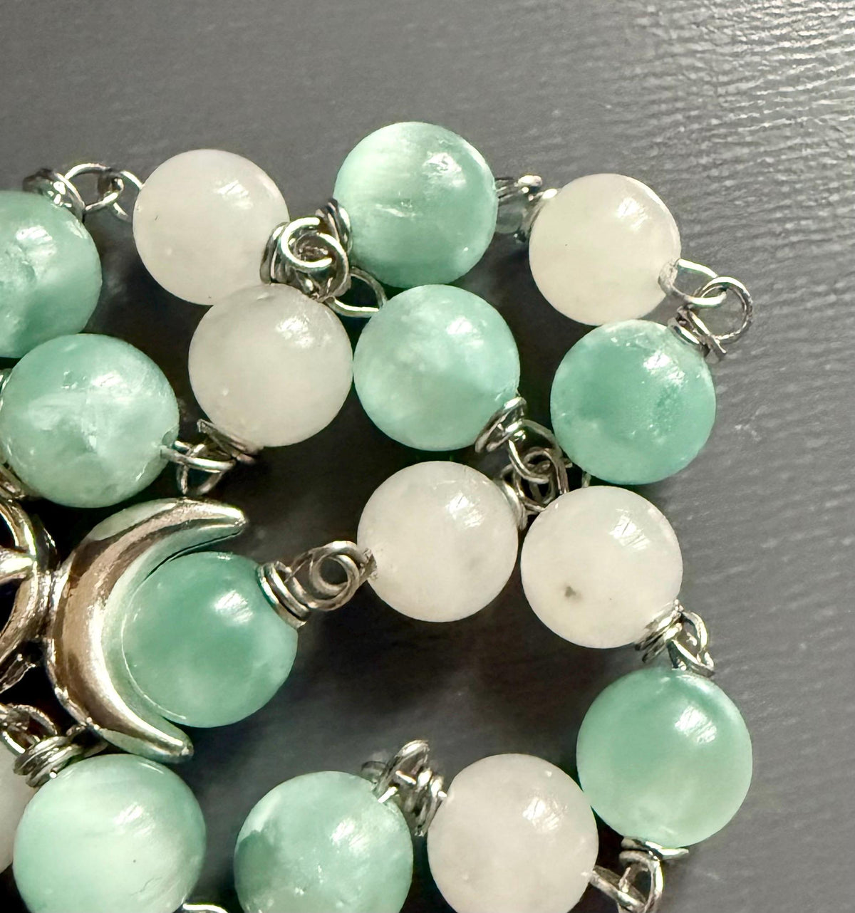 Witch’s Rosary with Angelite and Selenite Gemstones.