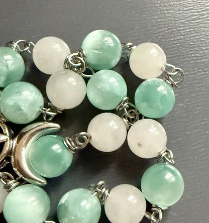 Witch’s Rosary with Angelite and Selenite Gemstones.
