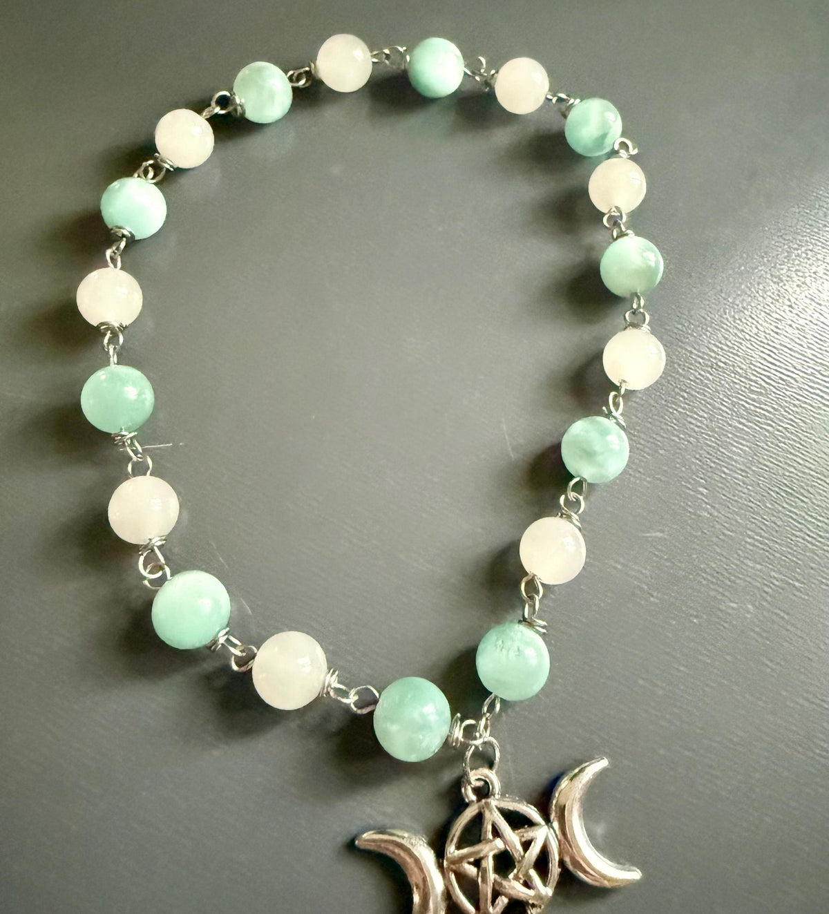 Witch’s Rosary with Angelite and Selenite Gemstones.