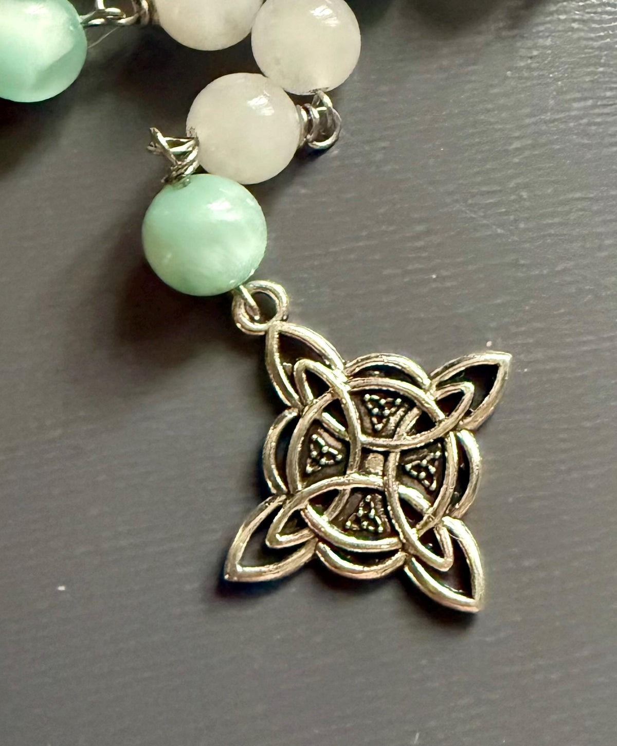 Witch’s Rosary with Angelite and Selenite Gemstones.