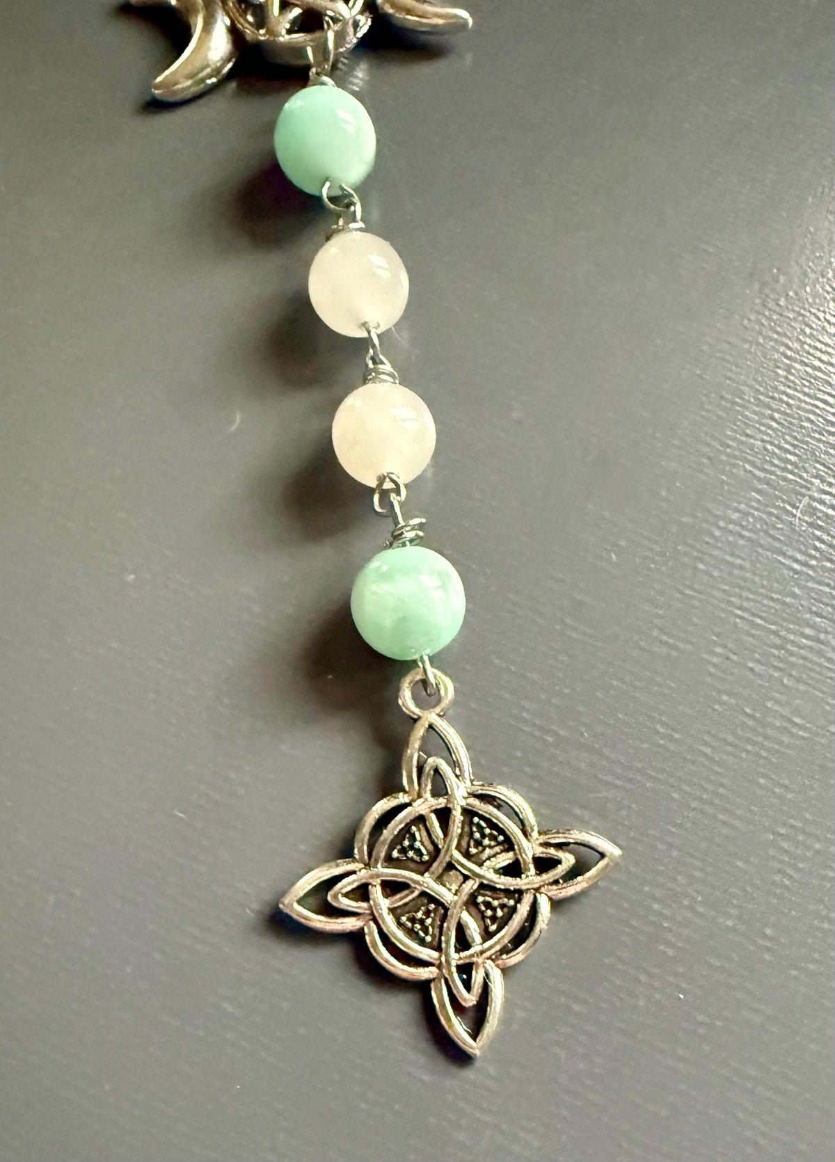 Witch’s Rosary with Angelite and Selenite Gemstones.