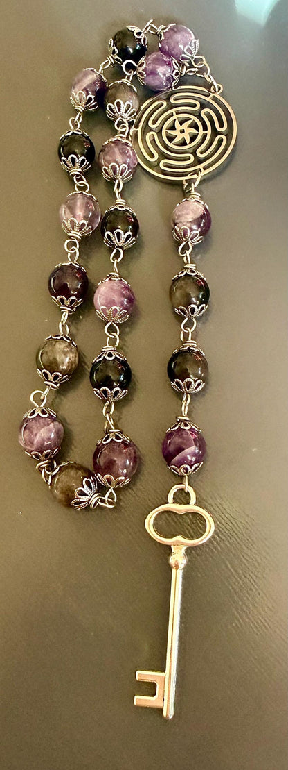 Hekate’s Wheel Strophalos Witches Rosary: Amethyst, Obsidian , and Key Charm.