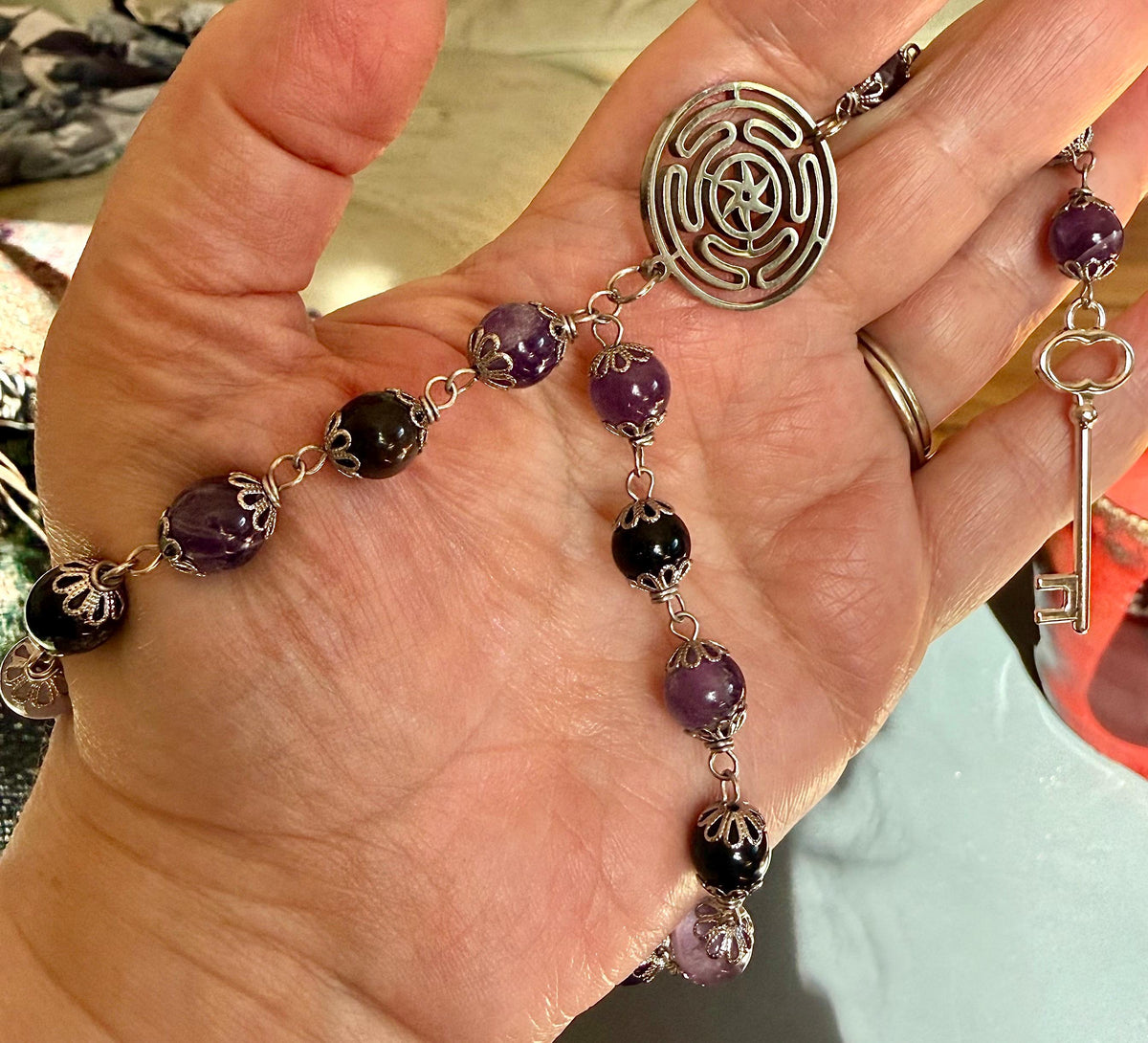 Hekate’s Wheel Strophalos Witches Rosary: Amethyst, Obsidian , and Key Charm.
