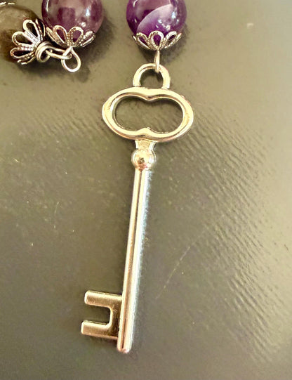 Hekate’s Wheel Strophalos Witches Rosary: Amethyst, Obsidian , and Key Charm.