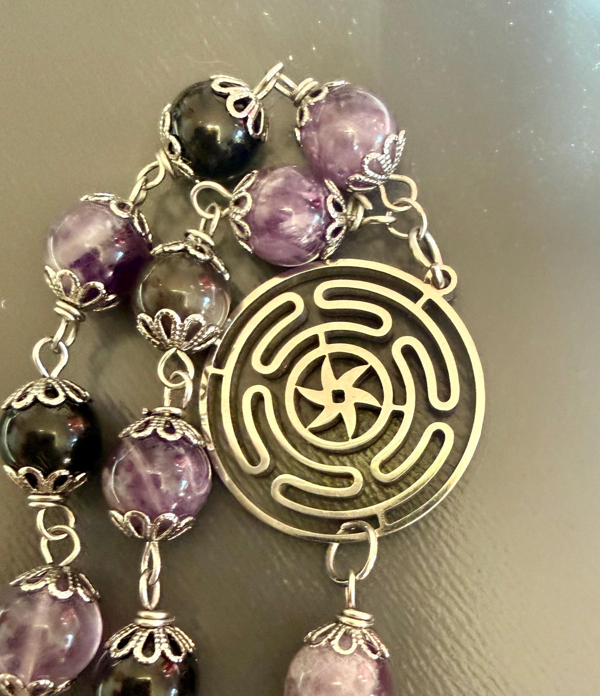 Hekate’s Wheel Strophalos Witches Rosary: Amethyst, Obsidian , and Key Charm.