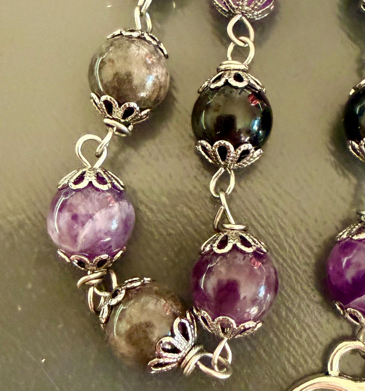 Hekate’s Wheel Strophalos Witches Rosary: Amethyst, Obsidian , and Key Charm.