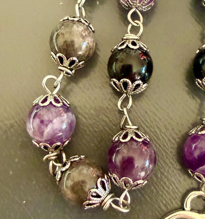 Hekate’s Wheel Strophalos Witches Rosary: Amethyst, Obsidian , and Key Charm.