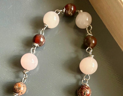 Goddess Freyja Devotional Prayer Beads, Red Jasper, Rose Quartz, Cat and Heart Charms.