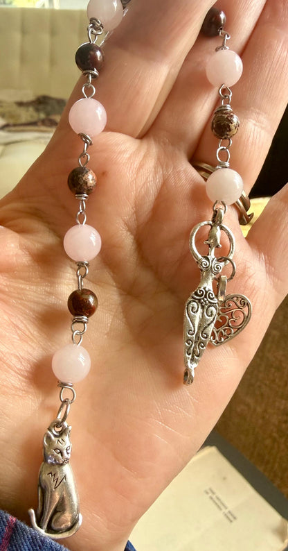 Goddess Freyja Devotional Prayer Beads, Red Jasper, Rose Quartz, Cat and Heart Charms.