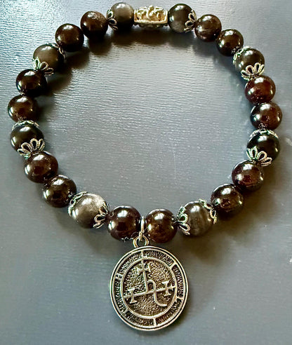 Goddess Lilith Sigil Charm Bracelet: Garnet and Black Obsidian Gemstones.