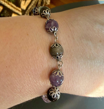 Hekate’s Wheel Strophalos Witches Rosary: Amethyst, Obsidian , and Key Charm.