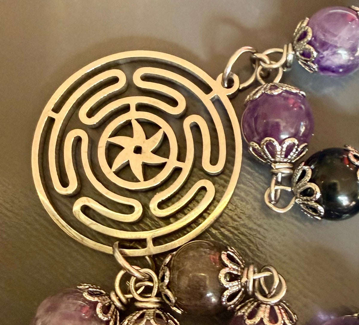 Hekate’s Wheel Strophalos Witches Rosary: Amethyst, Obsidian , and Key Charm.