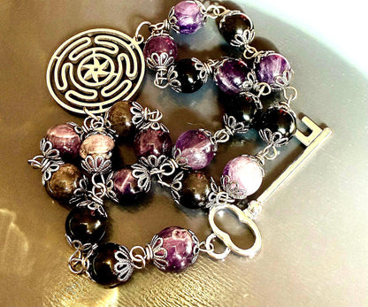 Hekate’s Wheel Strophalos Witches Rosary: Amethyst, Obsidian , and Key Charm.