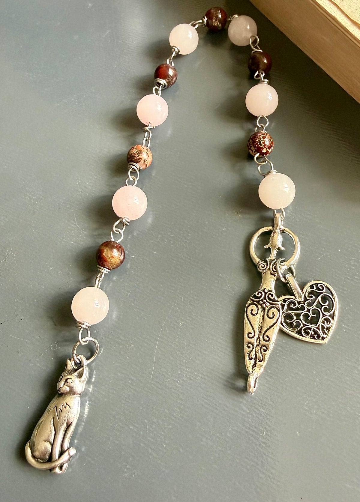 Goddess Freyja Devotional Prayer Beads, Red Jasper, Rose Quartz, Cat and Heart Charms.