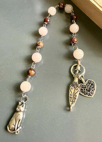 Goddess Freyja Devotional Prayer Beads, Red Jasper, Rose Quartz, Cat and Heart Charms.