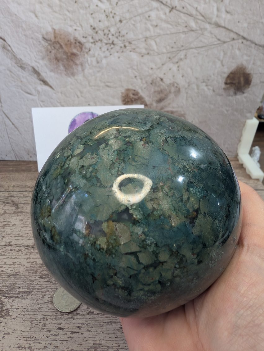 Dark Green Moss Agate sphere, large