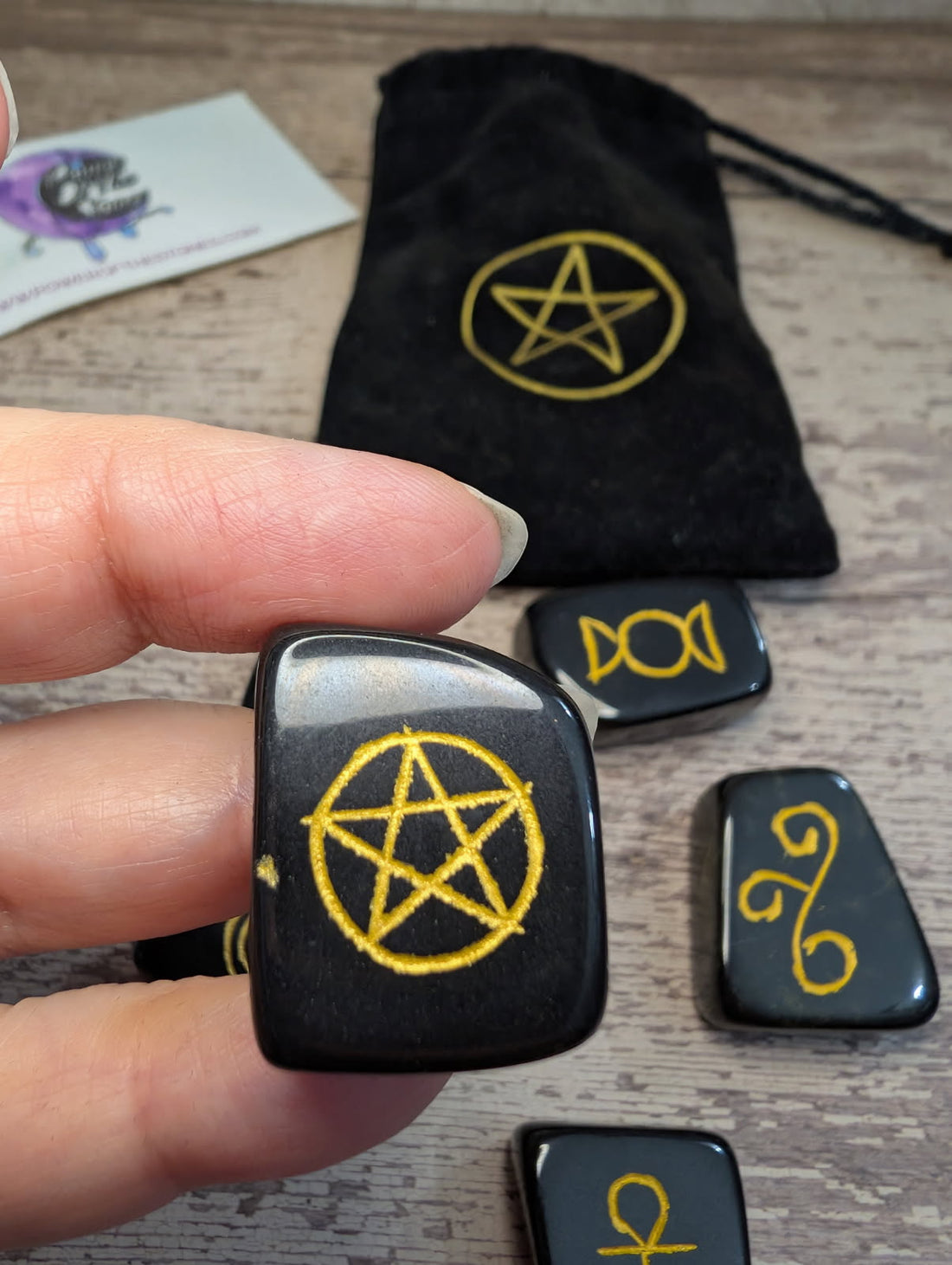 Black Agate Wicca tumble symbol set.