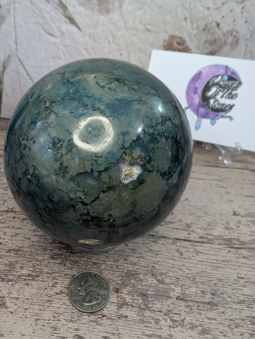 Dark Green Moss Agate sphere, large