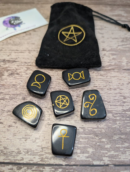 Black Agate Wicca tumble symbol set.