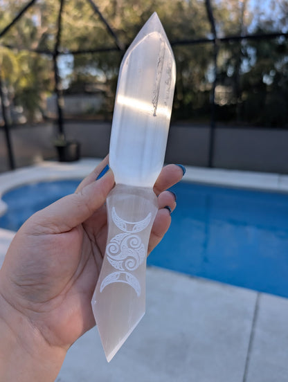 Satin Spar etched DT triple Moon dagger
