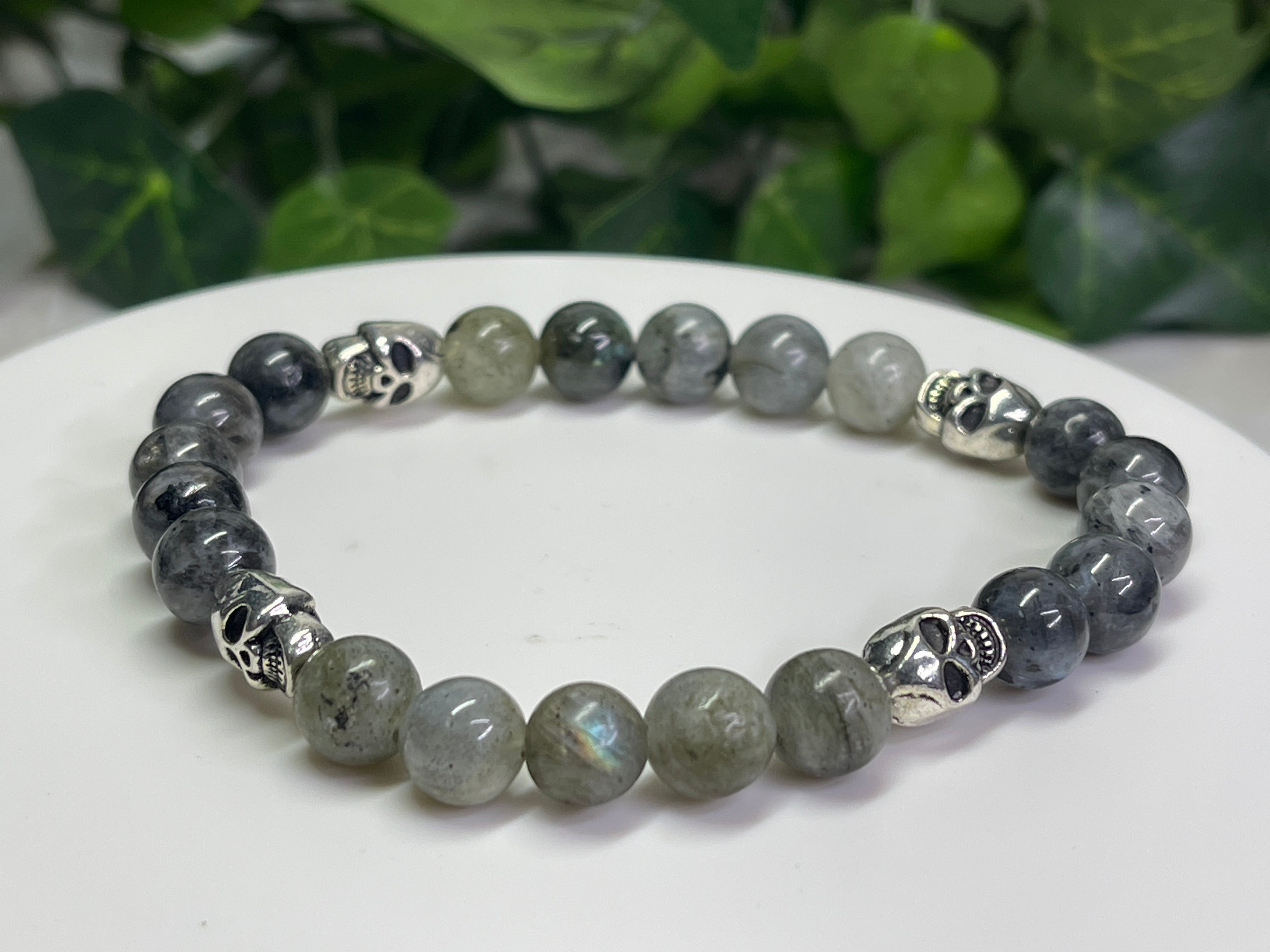 8mm Larvikite and Labradorite Bracelet with Skulls