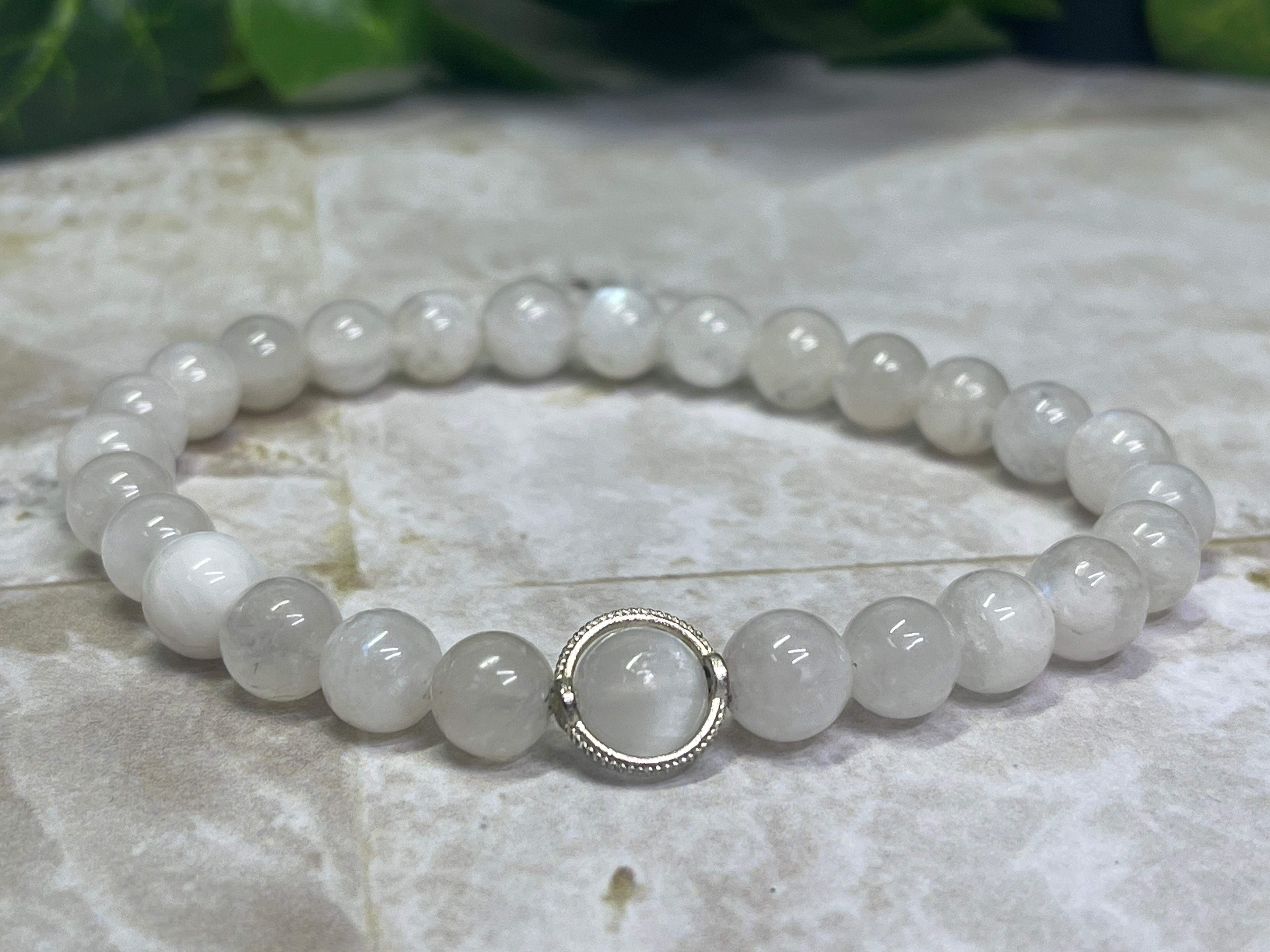 8mm Blue flash moonstone bracelet with selenite-8 inch wrist