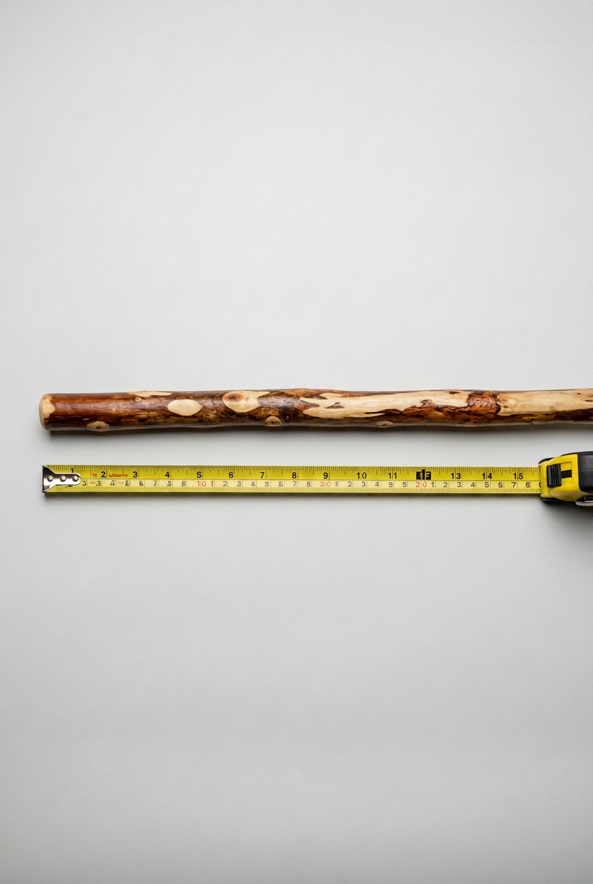 Rustic hardwood broom handle beside a yellow tape measure on a light background