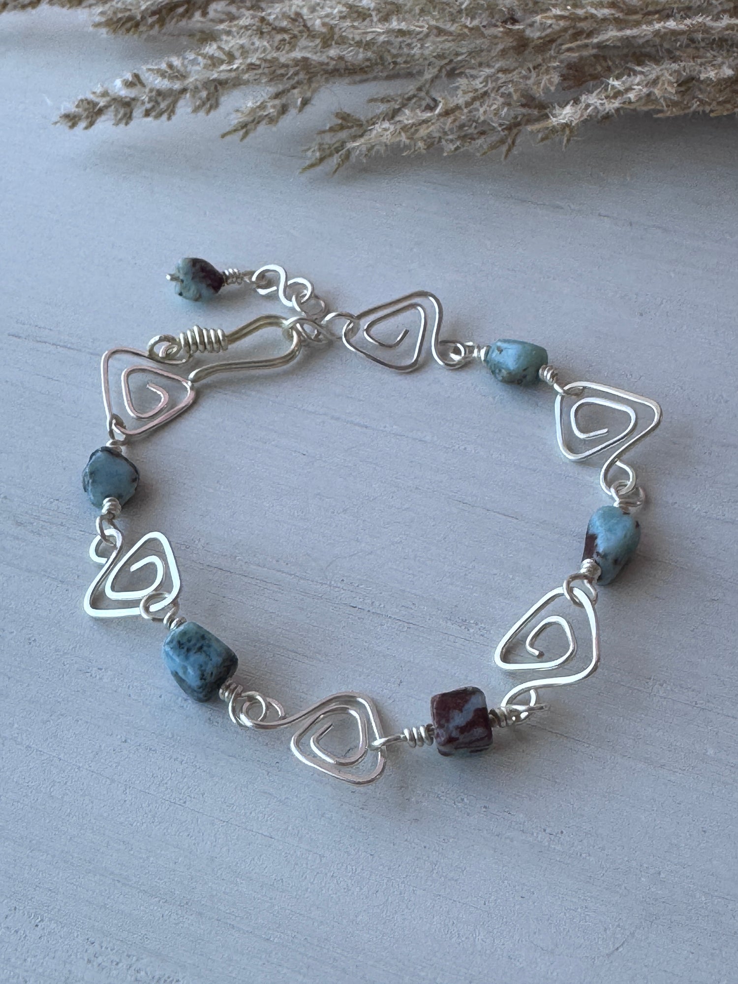 Silver Larimar Wire Wrapped Bracelet