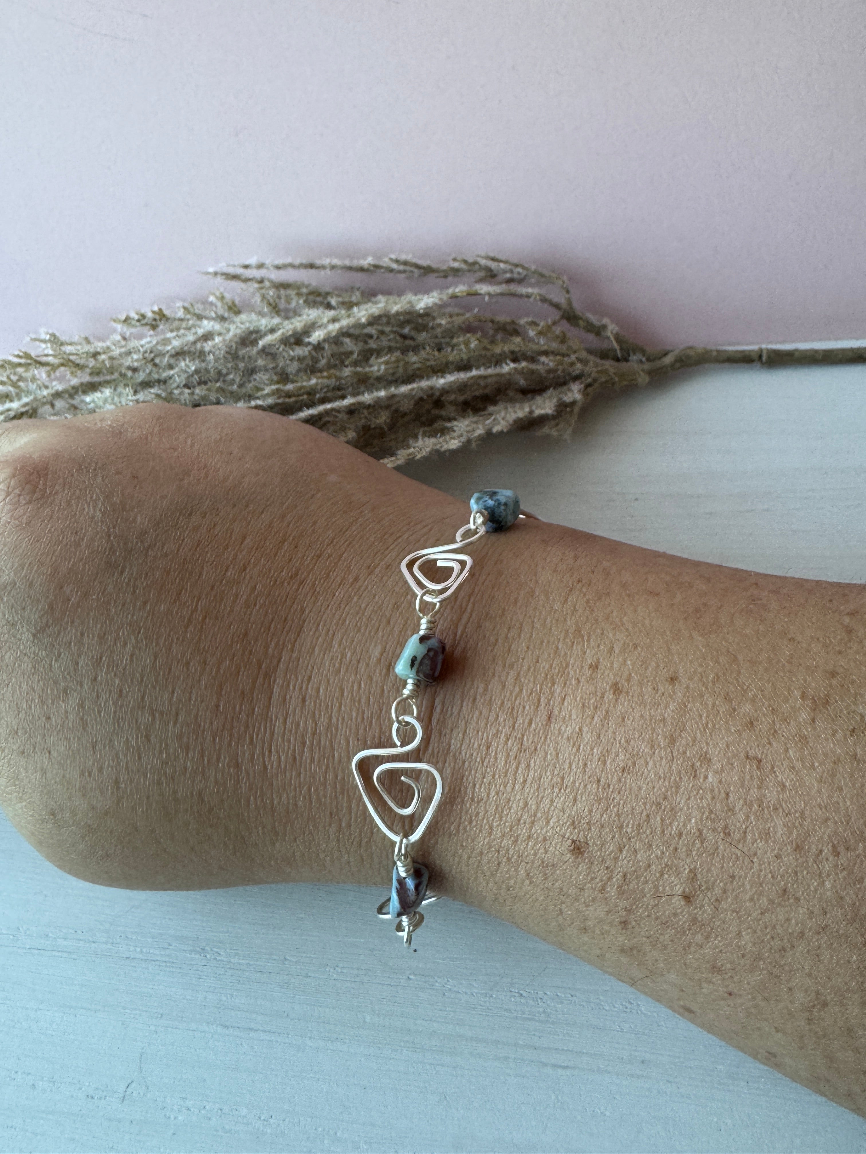 Silver Larimar Wire Wrapped Bracelet