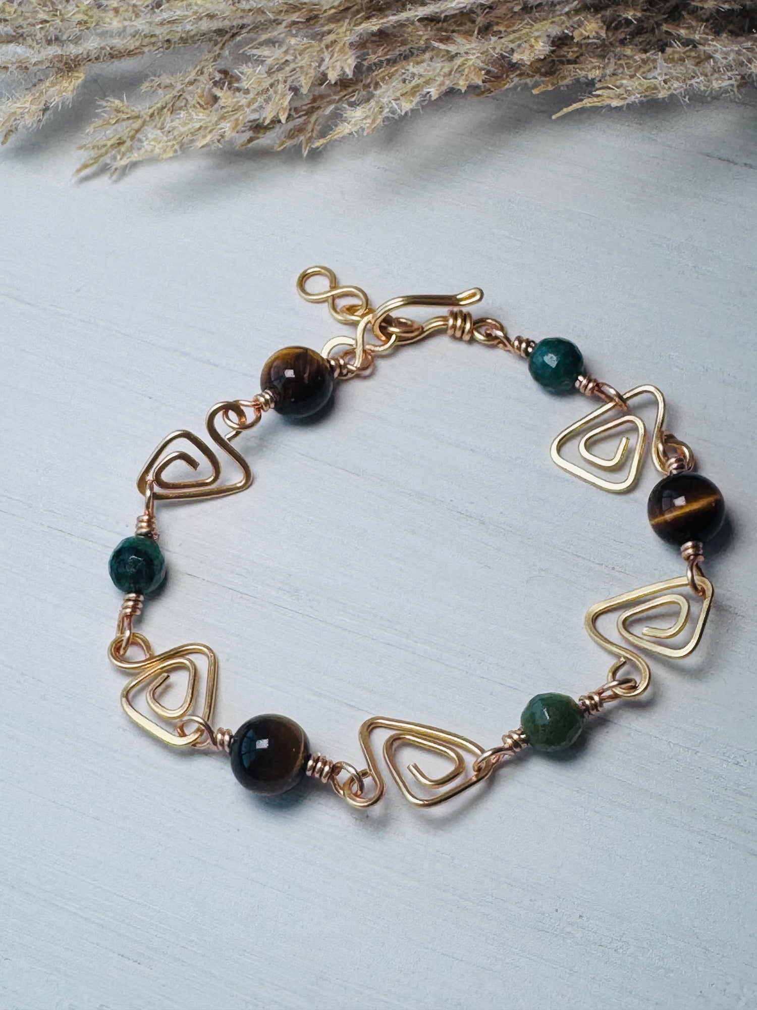 Gold Wire Wrapped Prism Link Bracelet with Tigers Eye and Fuchsite Gemstones