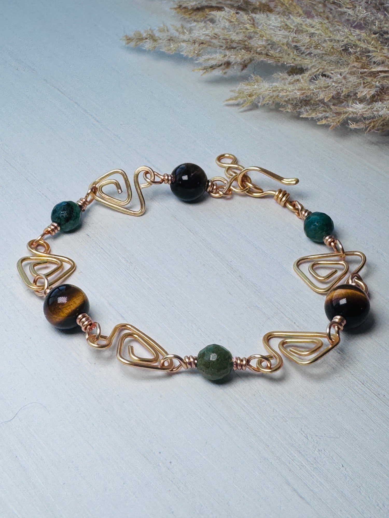 Gold Wire Wrapped Prism Link Bracelet with Tigers Eye and Fuchsite Gemstones