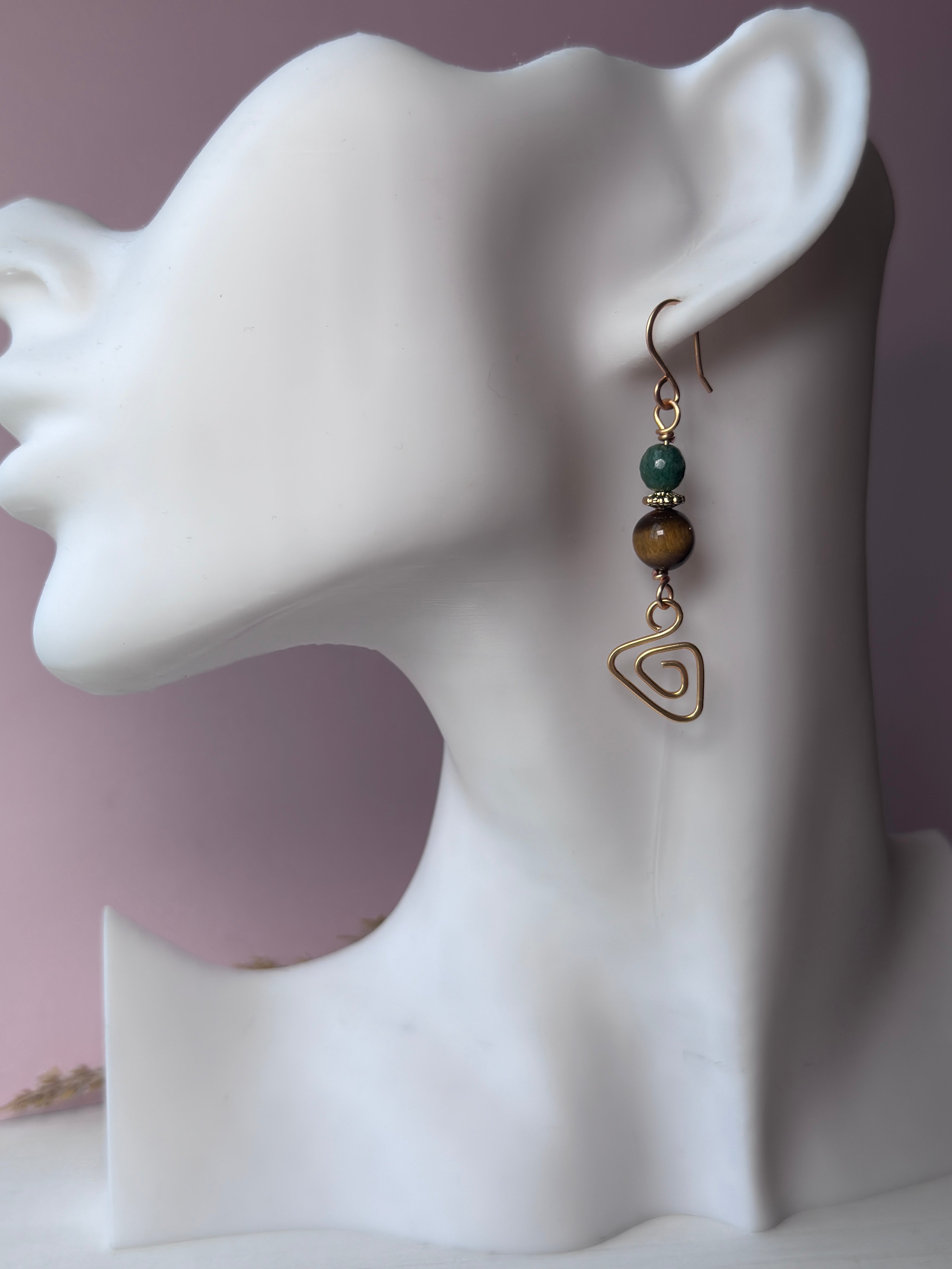 Whimsical Prism Earrings with Tigers Eye and Fuchsite Gemstones