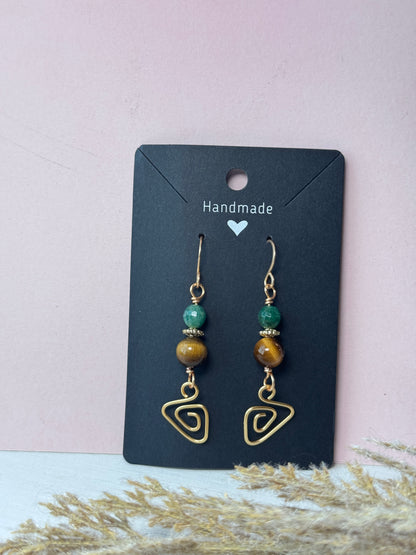 Whimsical Prism Earrings with Tigers Eye and Fuchsite Gemstones
