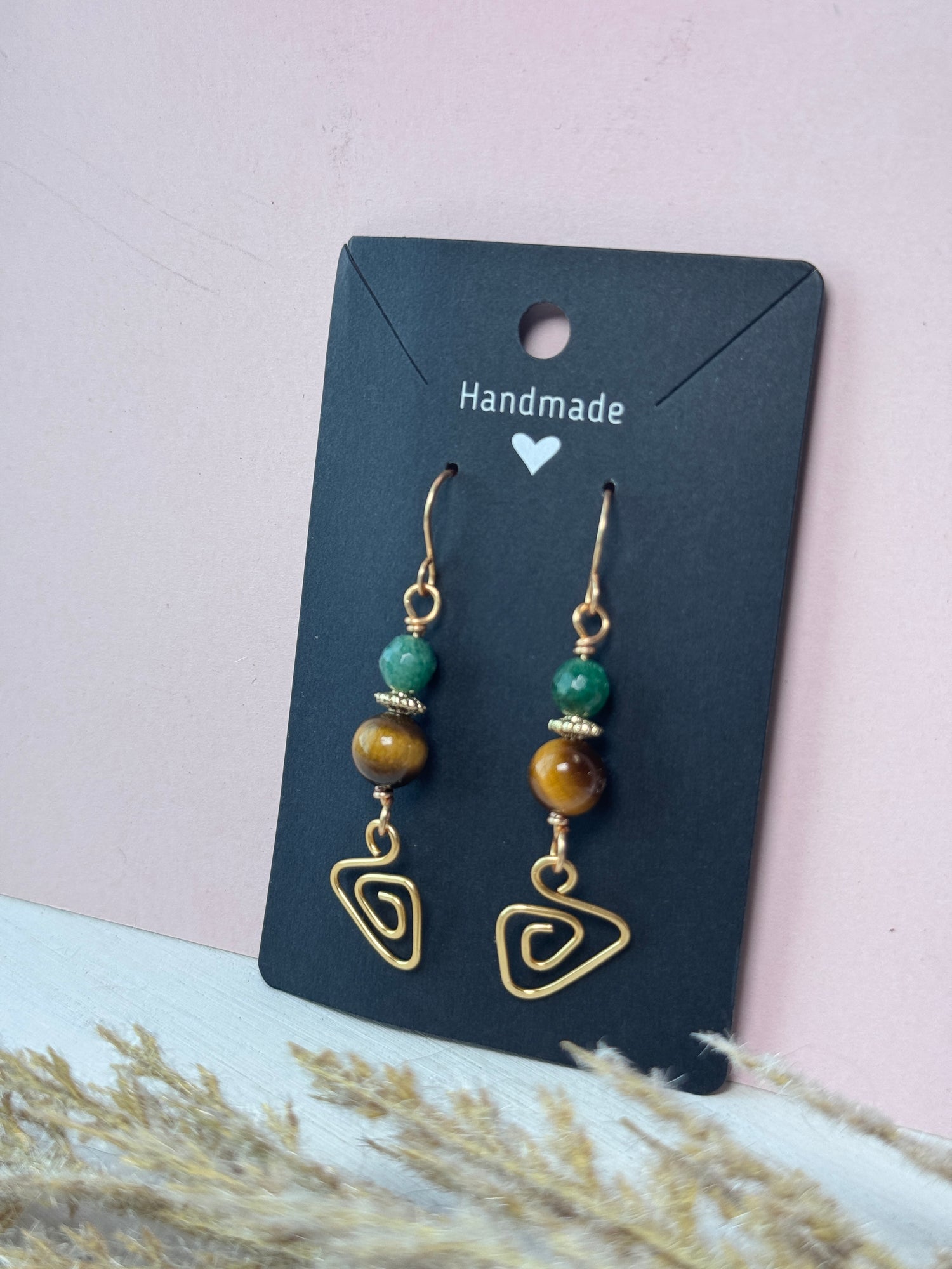 Whimsical Prism Earrings with Tigers Eye and Fuchsite Gemstones