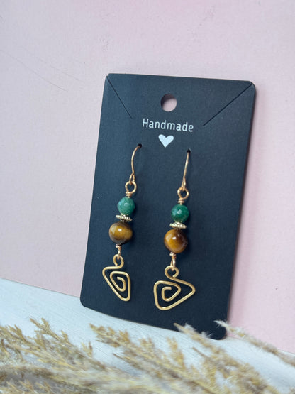 Whimsical Prism Earrings with Tigers Eye and Fuchsite Gemstones