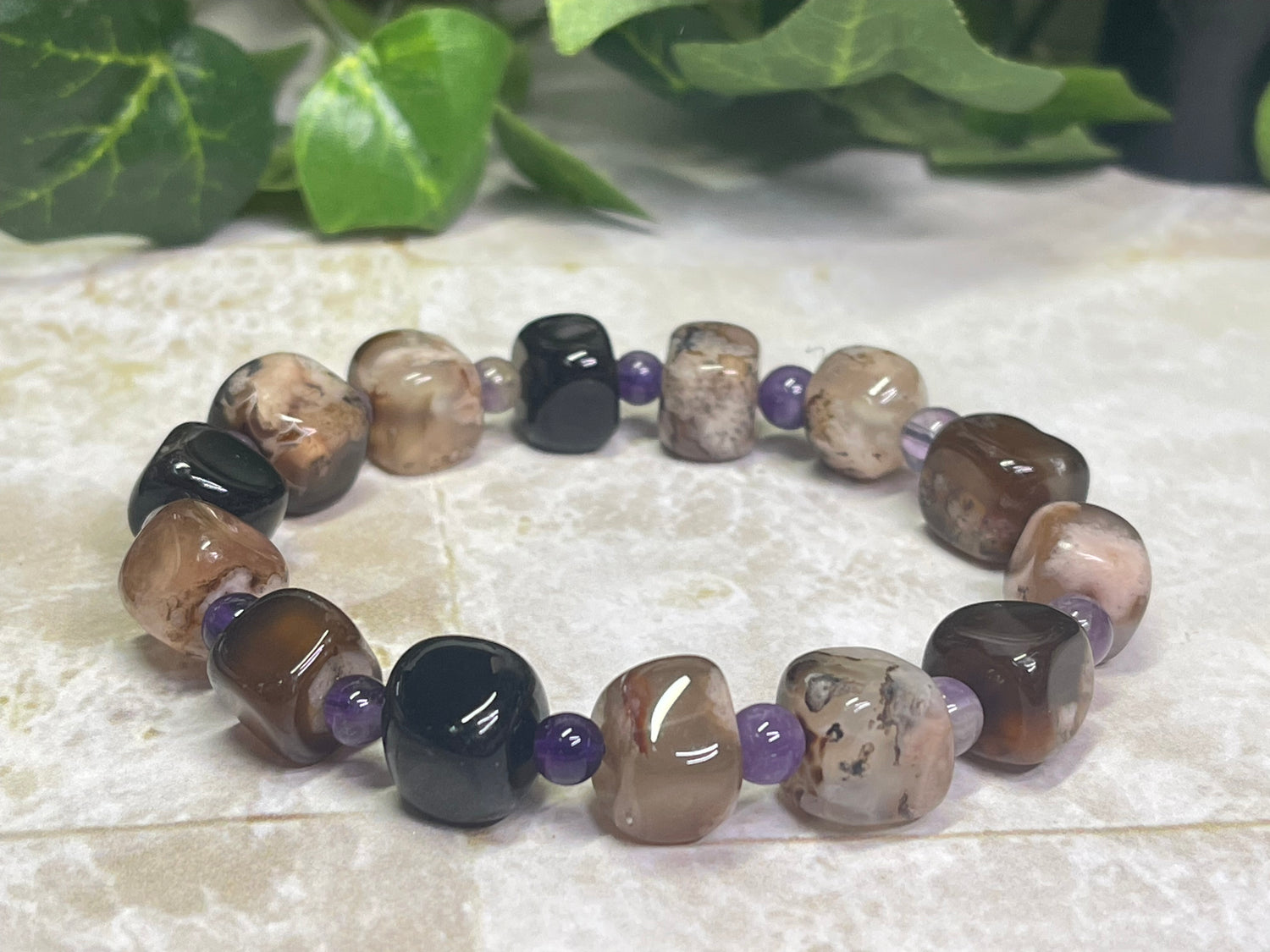 Black Flower Agate Nugget Bracelet with Amethyst