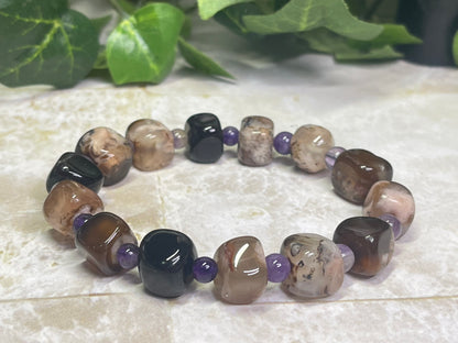 Black Flower Agate Nugget Bracelet with Amethyst