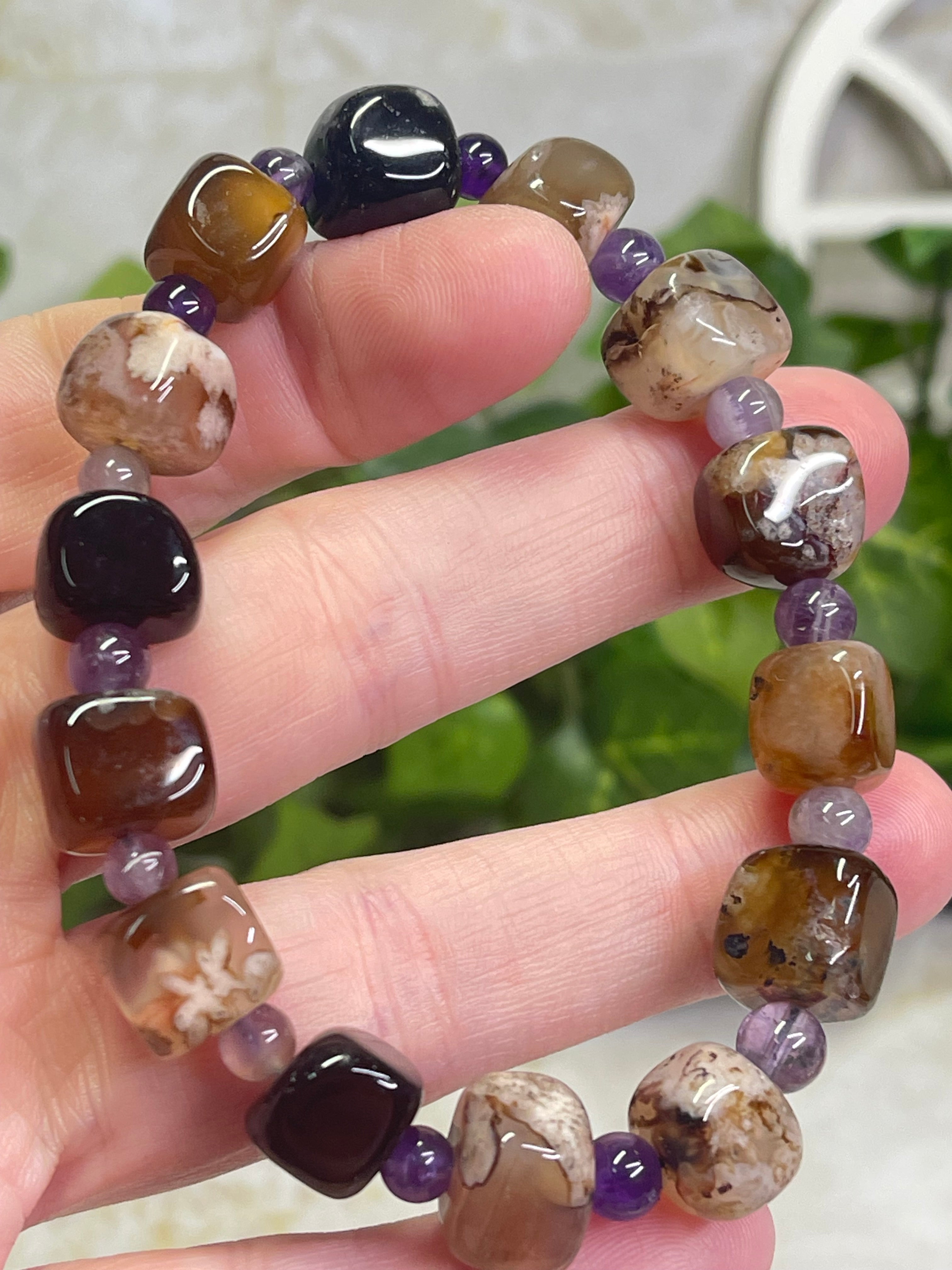 Black Flower Agate Nugget Bracelet with Amethyst