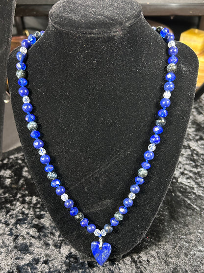 Beautifully Hand Knotted Lapis Lazuli Necklace w/Natural Blue Tiger Eye &amp; Clear Quartz Beads