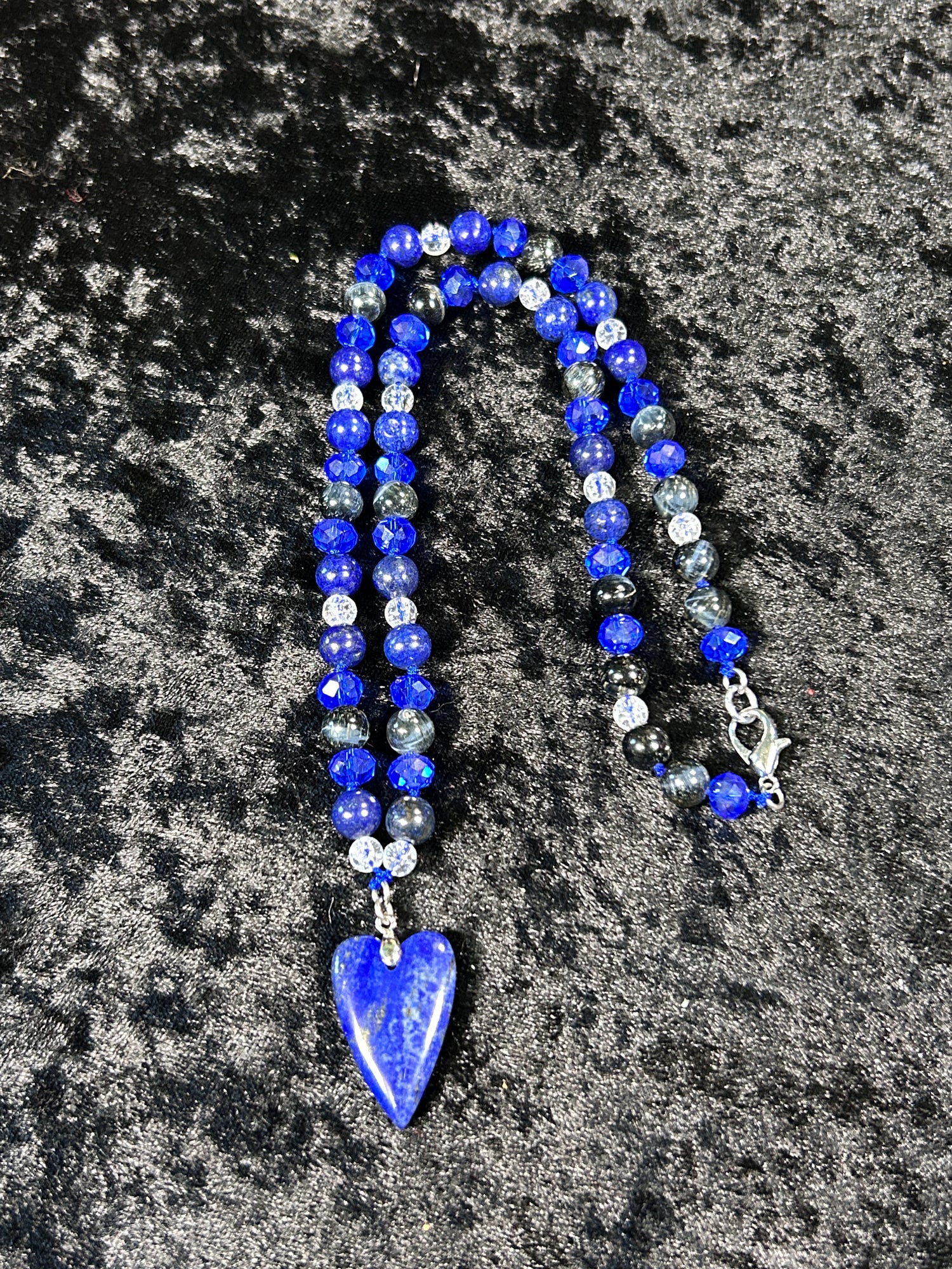 Beautifully Hand Knotted Lapis Lazuli Necklace w/Natural Blue Tiger Eye &amp; Clear Quartz Beads