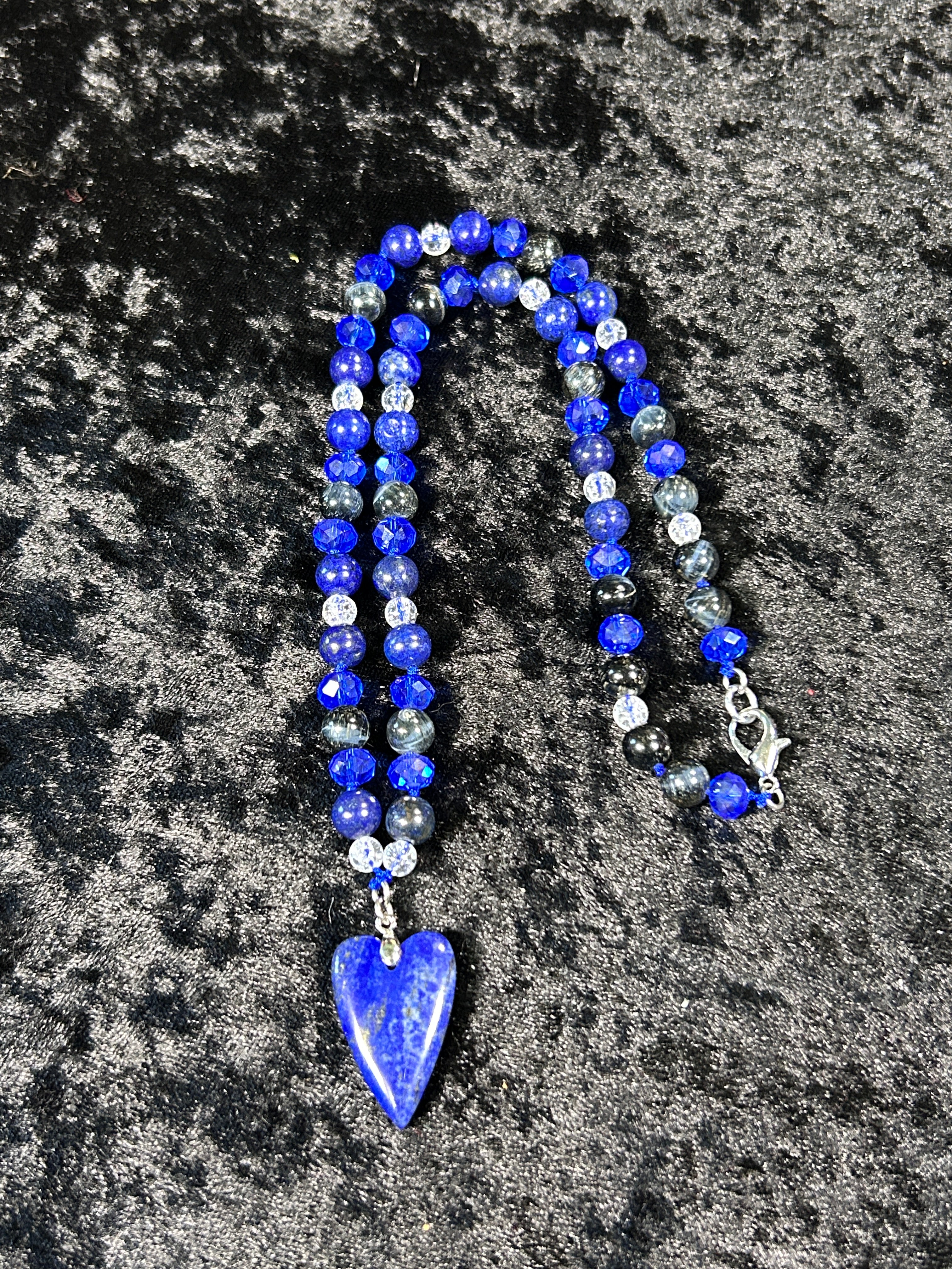 Beautifully Hand Knotted Lapis Lazuli Necklace w/Natural Blue Tiger Eye &amp; Clear Quartz Beads