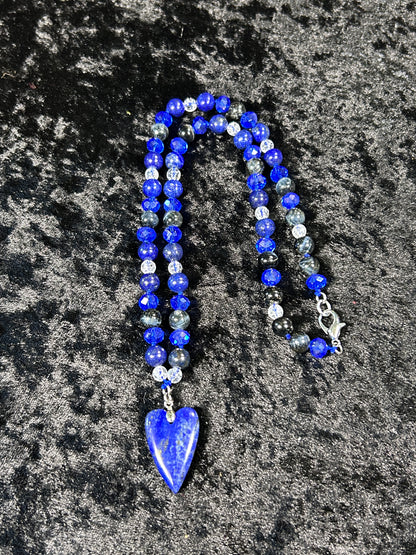 Beautifully Hand Knotted Lapis Lazuli Necklace w/Natural Blue Tiger Eye &amp; Clear Quartz Beads